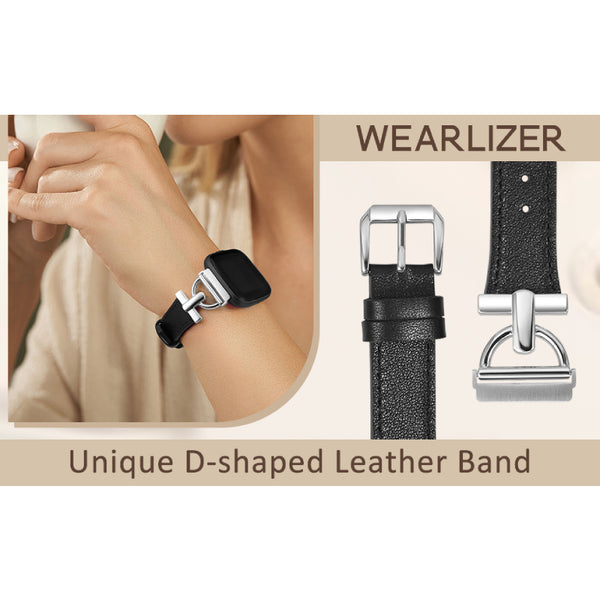 Wearlizer Leather Band Compatible with Fitbit Versa 2 Bands for Women, Dressy Slim Leather Strap Wristband with D-Shape Metal Buckle for Fitbit Versa/Versa 2/Versa Lite/Versa SE Smart Watch
