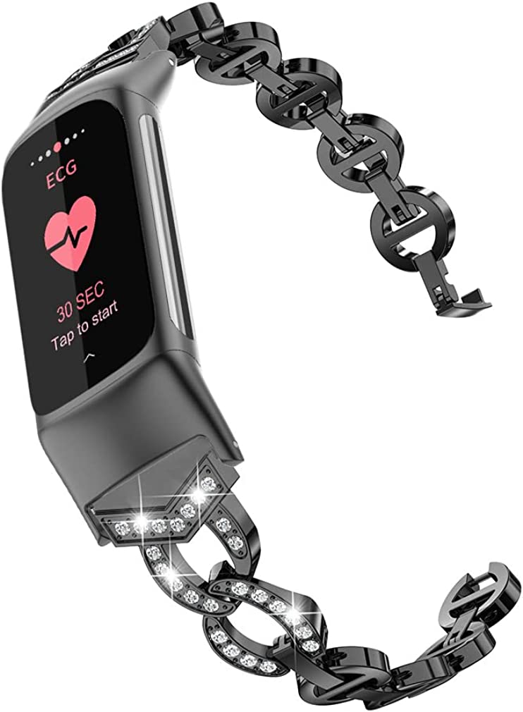 Diamond Stainless Steel Band For Fitbit Charge 6 / Charge 5 - Women's Bling Bracelet, No Tools