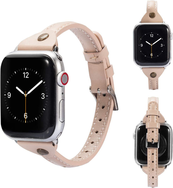 Wearlizer Beige Leather Compatible with Apple Watch Leather Band 38mm 40mm 41mm for iWatch SE Women Men Slim Strap Wristband Leisure Unique Rivet Bracelet (Silver Metal Clasp) Series 8 7 6 5 4 3 2 1