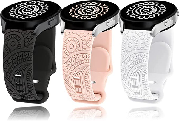 Floral Engraved Silicone Band 20mm Compatible with Samsung Galaxy Watch 4 Band 40mm 44mm/Watch 3 41mm/Active 2 Watch Bands 40mm 44mm/Watch 4 Classic 42mm 46mm, Sport Soft Smartwatch Strap for Women