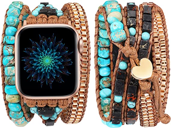 Boho Beads Bracelet Compatible with Apple Watch Band Ultra (49mm), Series 8/7(41/45mm), Series SE/6/5/4(40/44mm) and Series 3/2/1 (38/42mm) for Women Leather Handmade Braided Natural Stone Strap