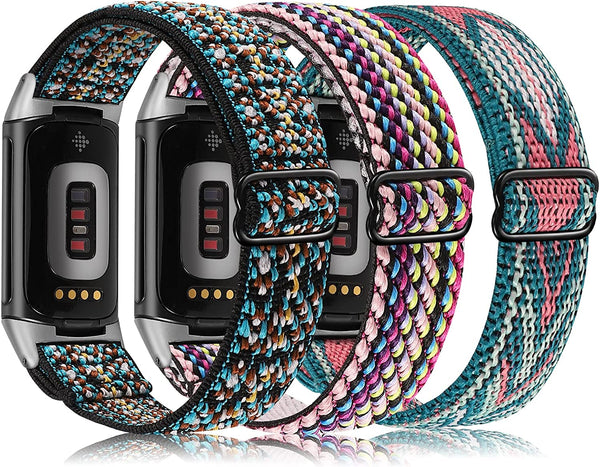 Wearlizer 3 Packs Adjustable Elastic Band Compatible with Fitbit Charge 5 Bands for Women Men, Stretchy Loop Strap Soft Nylon Sport Wristband Accessories for Charge 5 Fitness Tracker