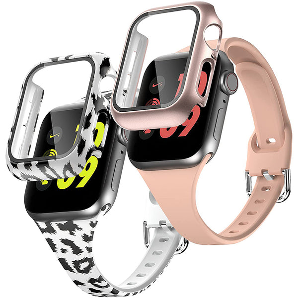 Wearlizer 2 Packs  Apple Watch Band Slim with Case Women  Silicone Soft Floral Pattern Adjustable Strap with Buckle for iWatch SE/6/5/4/3/2/1