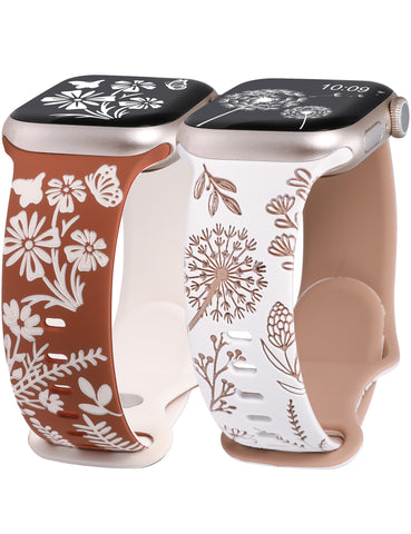 Wearlizer 2 Packs Floral Engraved Band Compatible with Apple Watch Bands 41mm 40mm 38mm 49mm 45mm 44mm 42mm Women