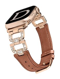 Wearlizer Leather Band Compatible with Apple Watch Bands 41mm 40mm 38mm 44mm 45mm 42mm 49mm Ultra 2 Women, Dressy Fancy Bling D-Shape Diamond Leather Strap for iWatch Bands Series 9 8 7 6 5 4 3 2 1 SE