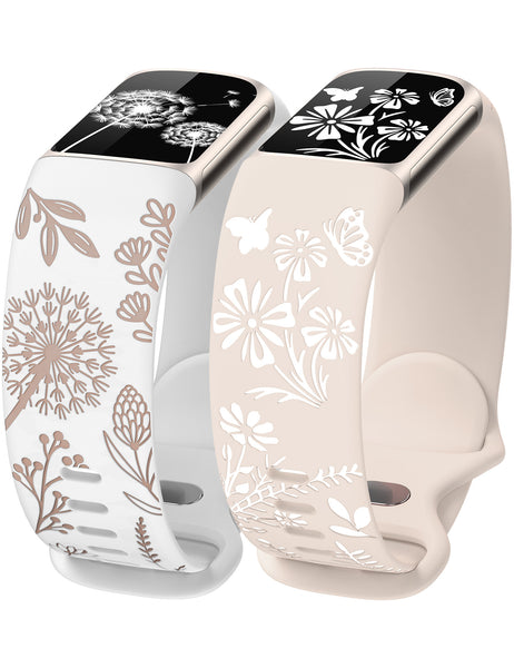 Wearlizer Floral Engraved Band Compatible with Fitbit Charge 6/5 Bands for Women, Two-Tone Flower Soft Silicone Cute Sport Strap