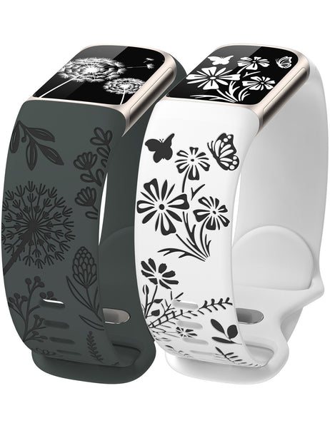 Wearlizer Floral Engraved Band Compatible with Fitbit Charge 6/5 Bands for Women, Two-Tone Flower Soft Silicone Cute Sport Strap