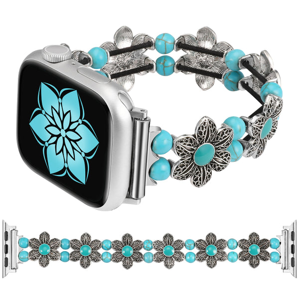 Wearlizer Compatible with Apple Watch Band 38mm 40mm 41mm 42mm 44mm 45mm 49mm Women Girls,Boho Handmade Turquoise Beaded Elastic Stretch Replacement Bracelet For iWatch SE/Ultra/8/7/6/5/4/3/2/1