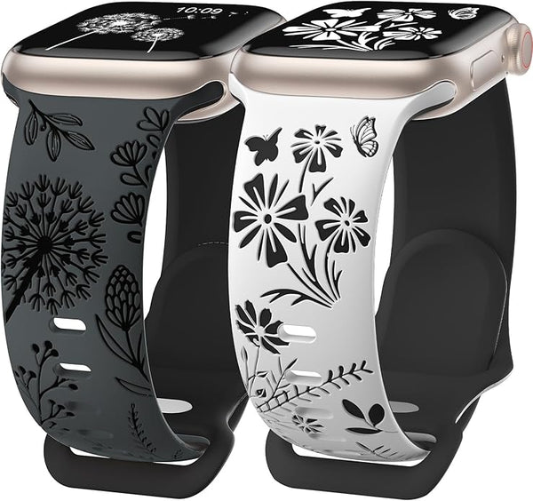Wearlizer 2 Packs Floral Engraved Band Compatible with Apple Watch Bands 41mm 40mm 38mm 49mm 45mm 44mm 42mm Women