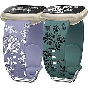 Wearlizer 2 Packs Floral Engraved Band Compatible with Fitbit Versa 4 Bands for Woman/Versa 3/Sense 2/Sense Bands Women, Cute Two-Tone Flower Soft Silicone Sport Strap
