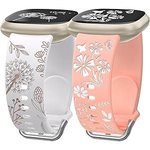 Wearlizer 2 Packs Floral Engraved Band Compatible with Fitbit Versa 4 Bands for Woman/Versa 3/Sense 2/Sense Bands Women, Cute Two-Tone Flower Soft Silicone Sport Strap