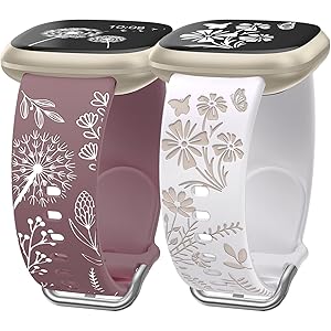 Wearlizer 2 Packs Floral Engraved Band Compatible with Fitbit Versa 4 Bands for Woman/Versa 3/Sense 2/Sense Bands Women, Cute Two-Tone Flower Soft Silicone Sport Strap
