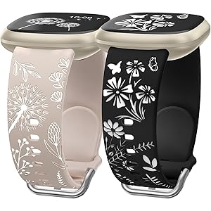 Wearlizer 2 Packs Floral Engraved Band Compatible with Fitbit Versa 4 Bands for Woman/Versa 3/Sense 2/Sense Bands Women, Cute Two-Tone Flower Soft Silicone Sport Strap