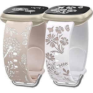 Wearlizer 2 Packs Floral Engraved Band Compatible with Fitbit Versa 4 Bands for Woman/Versa 3/Sense 2/Sense Bands Women, Cute Two-Tone Flower Soft Silicone Sport Strap