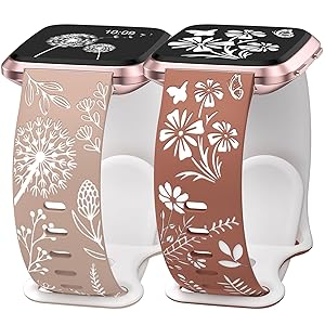 Wearlizer 2 Packs Floral Engraved Band Compatible with Fitbit Versa 2 Bands for Women, Two-Tone Flower Soft Silicone Cute Sport Strap for Versa Lite/SE Smart Watch