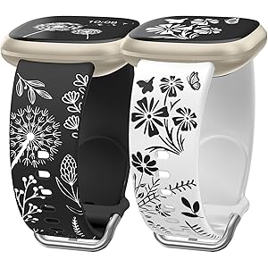 Wearlizer 2 Packs Floral Engraved Band Compatible with Fitbit Versa 4 Bands for Woman/Versa 3/Sense 2/Sense Bands Women, Cute Two-Tone Flower Soft Silicone Sport Strap