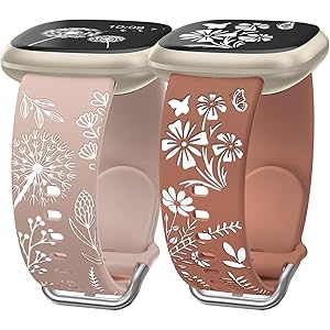 Wearlizer 2 Packs Floral Engraved Band Compatible with Fitbit Versa 4 Bands for Woman/Versa 3/Sense 2/Sense Bands Women, Cute Two-Tone Flower Soft Silicone Sport Strap