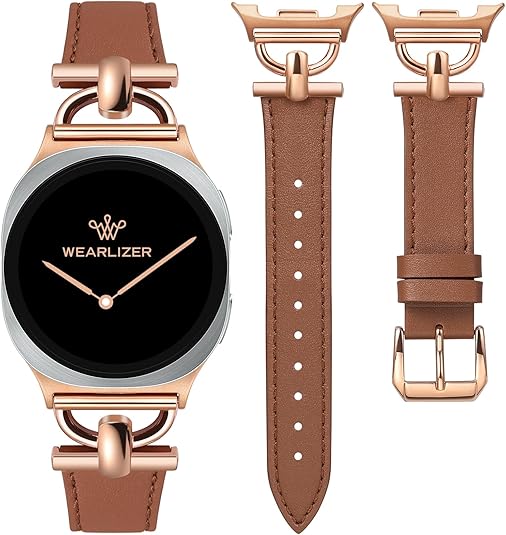 Wearlizer Leather Bands Compatible with Samsung Galaxy Watch 8 Band 40mm 44mm/Watch 8 Classic 46mm, Dressy Designer Slim Leather Strap Wristband Accessories with D-Shape Metal Buckle for Women