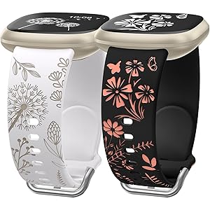 Wearlizer 2 Packs Floral Engraved Band Compatible with Fitbit Versa 4 Bands for Woman/Versa 3/Sense 2/Sense Bands Women, Cute Two-Tone Flower Soft Silicone Sport Strap