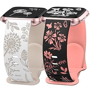 Wearlizer 2 Packs Floral Engraved Band Compatible with Fitbit Versa 2 Bands for Women, Two-Tone Flower Soft Silicone Cute Sport Strap for Versa Lite/SE Smart Watch