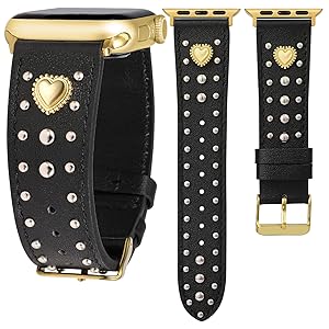 Wearlizer Leather Band Compatible with Apple Watch Bands Women 42/46/38/40/41/44/45/49mm, Dressy Fancy Designer Pretty Heart Charms Studded Strap for iWatch Series 11 10 9 8 7 6 5 4 SE/Ultra 3 2 1