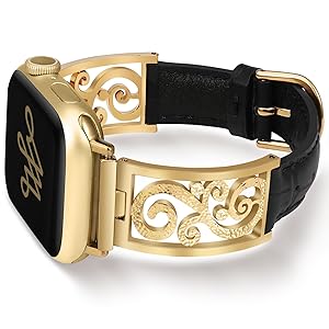 Wearlizer Slim Leather Band Compatible with Apple Watch Bands Women 41/40/38/42/44/45/46/49mm, Dressy Fancy Thin Designer Vintage Filigree Strap for iWatch Series 11 10 9 8 7 6 5 4 3 SE/Ultra 3 2 1