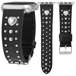 Wearlizer Leather Band Compatible with Apple Watch Bands Women 42/46/38/40/41/44/45/49mm, Dressy Fancy Designer Pretty Heart Charms Studded Strap for iWatch Series 11 10 9 8 7 6 5 4 SE/Ultra 3 2 1