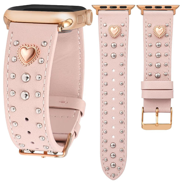 Wearlizer Leather Band Compatible with Apple Watch Bands Women 42/46/38/40/41/44/45/49mm, Dressy Fancy Designer Pretty Heart Charms Studded Strap for iWatch Series 11 10 9 8 7 6 5 4 SE/Ultra 3 2 1
