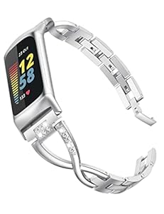 Wearlizer Compatible with Fitbit Fitbit Charge 6/Charge 5 Bands for Women Metal Replacement Cute Band Strap with Bling Rhinestone Bracelet Bangle for Fitbit Charge 6/Charge 5, Silver