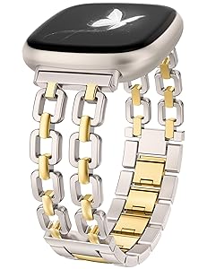 Wearlizer Metal Band Compatible with Fitbit Versa 4 Bands for Woman/Versa 3/Sense 2/Sense Bands Women, Dressy Chain Strap Designer Stainless Steel Bracelet Wristband