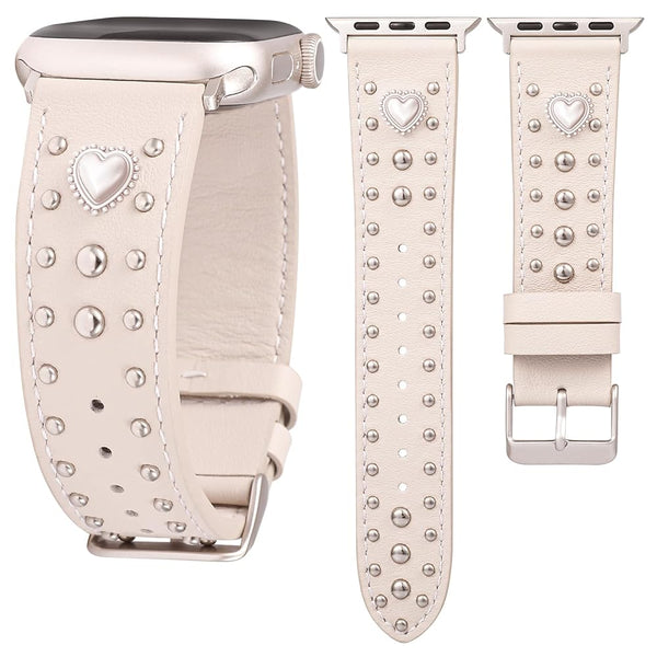 Wearlizer Leather Band Compatible with Apple Watch Bands Women 42/46/38/40/41/44/45/49mm, Dressy Fancy Designer Pretty Heart Charms Studded Strap for iWatch Series 11 10 9 8 7 6 5 4 SE/Ultra 3 2 1