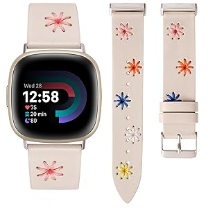 Wearlizer Leather Band Compatible with Fitbit Versa 4/Versa 3/Sense 2/Sense Band Women, Boho Cute Colorful Daisy Vibrant Floral Handmade Stitched Fancy Soft Leather Strap for Versa 3 4 Sense 2