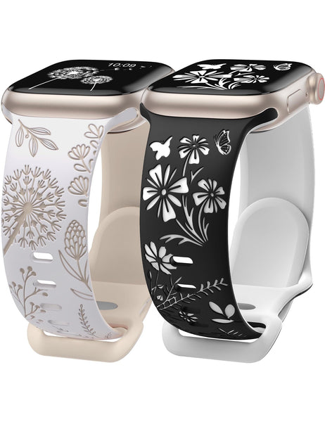 Wearlizer 2 Packs Floral Engraved Band Compatible with Apple Watch Bands 41mm 40mm 38mm 49mm 45mm 44mm 42mm Women