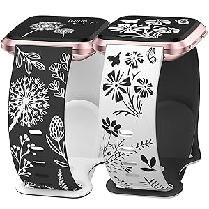 Wearlizer 2 Packs Floral Engraved Band Compatible with Fitbit Versa 2 Bands for Women, Two-Tone Flower Soft Silicone Cute Sport Strap for Versa Lite/SE Smart Watch