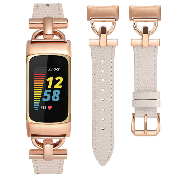 Wearlizer Leather Band Compatible with Fitbit Charge 5 Bands for Women, Dressy Slim Leather Strap Replacement Wristband with D-Shape Metal Buckle for Fitbit Charge 5 Band