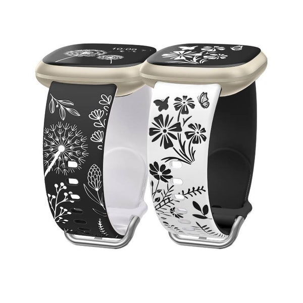 Wearlizer 2 Packs Floral Engraved Band Compatible with Fitbit Versa 4 Bands/Versa 3 Bands/Sense 2/Sense Bands Women, Cute Two-Tone Flower Soft Silicone Sport Strap for Versa 3 4 Sense 2 Watch Band