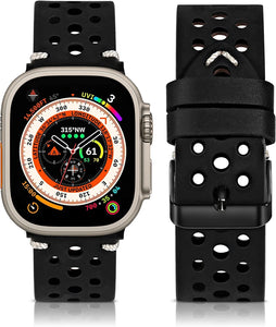 Compatible with Apple Watch Genuine Leather Band49mm 45mm 44mm 42mm 41mm 40mm 38mm Punch Grain Vintage Leather Band for Men,Replacement Strap for iWatch Ultra Series 8 7 6 5 4 3 2 1 SE