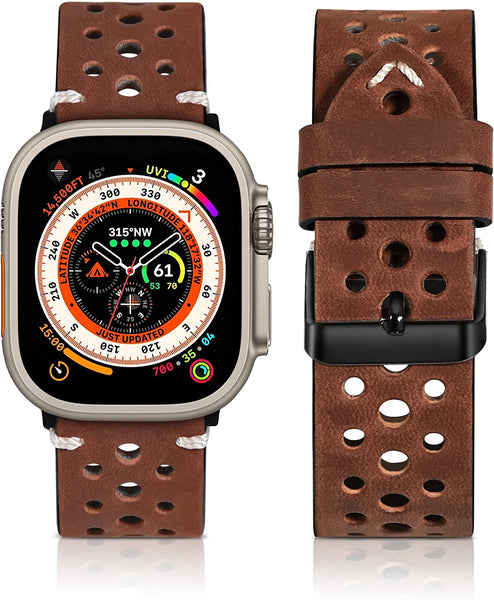Compatible with Apple Watch Genuine Leather Band49mm 45mm 44mm 42mm 41mm 40mm 38mm Punch Grain Vintage Leather Band for Men,Replacement Strap for iWatch Ultra Series 8 7 6 5 4 3 2 1 SE