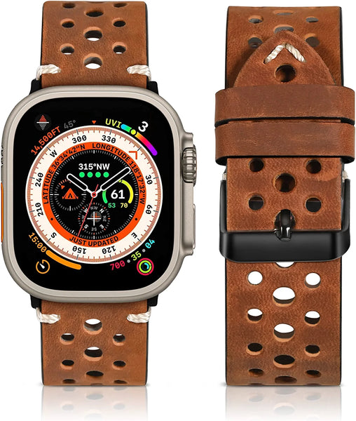 Compatible with Apple Watch Genuine Leather Band49mm 45mm 44mm 42mm 41mm 40mm 38mm Punch Grain Vintage Leather Band for Men,Replacement Strap for iWatch Ultra Series 8 7 6 5 4 3 2 1 SE