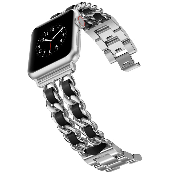 Wearlizer Chain Apple Watch Band Dressy Fancy Stainless Steel Leather Loop