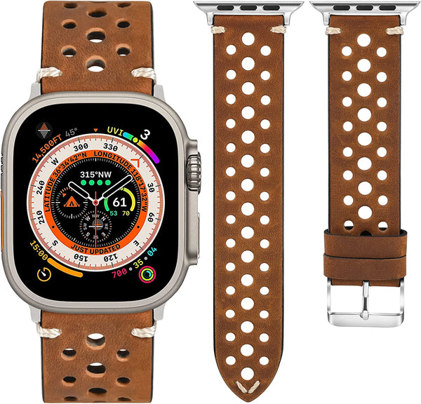 Compatible with Apple Watch Genuine Leather Band49mm 45mm 44mm 42mm 41mm 40mm 38mm Punch Grain Vintage Leather Band for Men,Replacement Strap for iWatch Ultra Series 8 7 6 5 4 3 2 1 SE