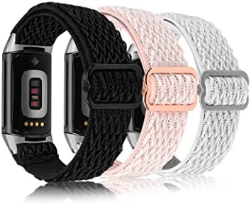 Wearlizer 3 Packs Adjustable Elastic Band Compatible with Fitbit Charge 5 Bands for Women Men, Stretchy Loop Strap Soft Nylon Sport Wristband Accessories for Charge 5 Fitness Tracker