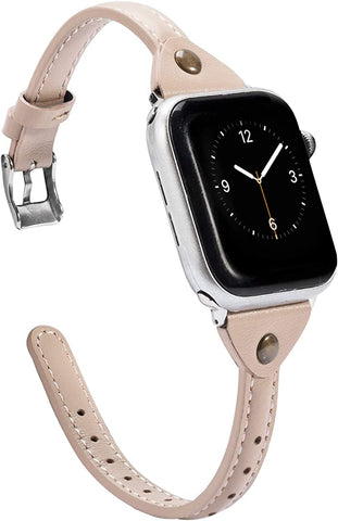 Wearlizer Beige Leather Compatible with Apple Watch Leather Band 38mm 40mm 41mm for iWatch SE Women Men Slim Strap Wristband Leisure Unique Rivet Bracelet (Silver Metal Clasp) Series 8 7 6 5 4 3 2 1