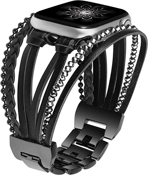 Wearlizer Posh Leather Bands Compatible with Apple Watch Ultra (49mm), Series 8/7(41/45mm), SE/6/5/4(40/44mm) and 3/2/1 (38/42mm) Women Boho Handmade Braided Bracelets Multilayer Wrap Jewelry Strap