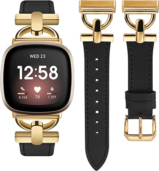 Wearlizer Leather Band Compatible with Fitbit Sense Bands/Fitbit Versa 3 Bands/Sense 2 Bands/Versa 4 Bands for Women, Dressy Leather Strap with D-Shape Metal Buckle for Versa 3 4 Sense 2 Smartwatch