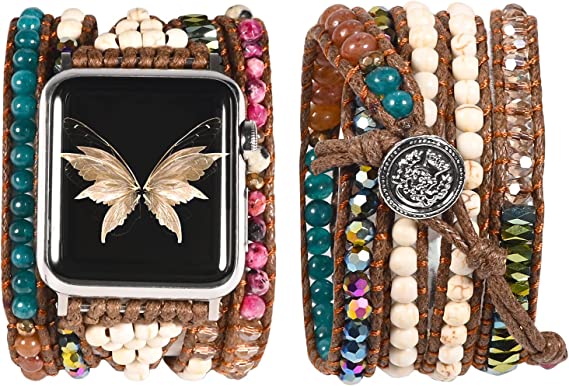 Boho Beads Bracelet Compatible with Apple Watch Band Ultra (49mm), Series 8/7(41/45mm), Series SE/6/5/4(40/44mm) and Series 3/2/1 (38/42mm) for Women Leather Handmade Braided Natural Stone Strap