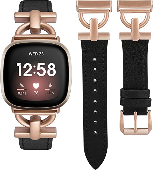 Wearlizer Leather Band Compatible with Fitbit Sense Bands/Fitbit Versa 3 Bands/Sense 2 Bands/Versa 4 Bands for Women, Dressy Leather Strap with D-Shape Metal Buckle for Versa 3 4 Sense 2 Smartwatch