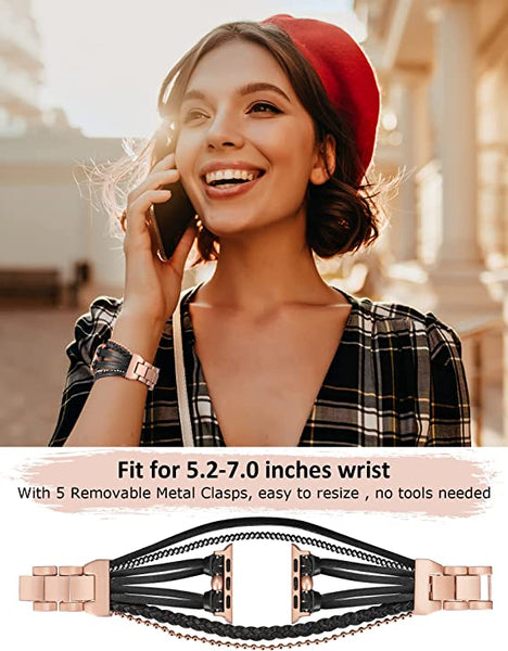 Wearlizer Posh Leather Bands Compatible with Apple Watch Ultra (49mm), Series 8/7(41/45mm), SE/6/5/4(40/44mm) and 3/2/1 (38/42mm) Women Boho Handmade Braided Bracelets Multilayer Wrap Jewelry Strap
