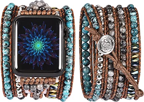 Boho Beads Bracelet Compatible with Apple Watch Band Ultra (49mm), Series 8/7(41/45mm), Series SE/6/5/4(40/44mm) and Series 3/2/1 (38/42mm) for Women Leather Handmade Braided Natural Stone Strap