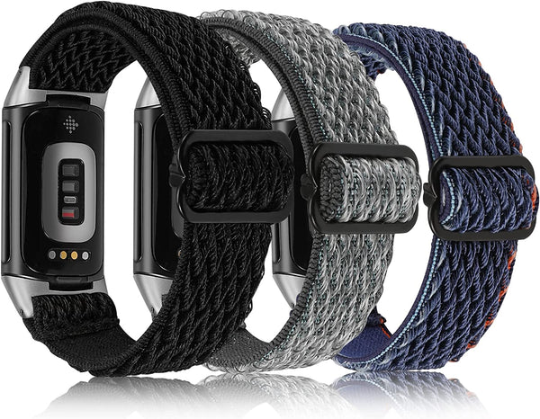 Wearlizer 3 Packs Adjustable Elastic Band Compatible with Fitbit Charge 5 Bands for Women Men, Stretchy Loop Strap Soft Nylon Sport Wristband Accessories for Charge 5 Fitness Tracker